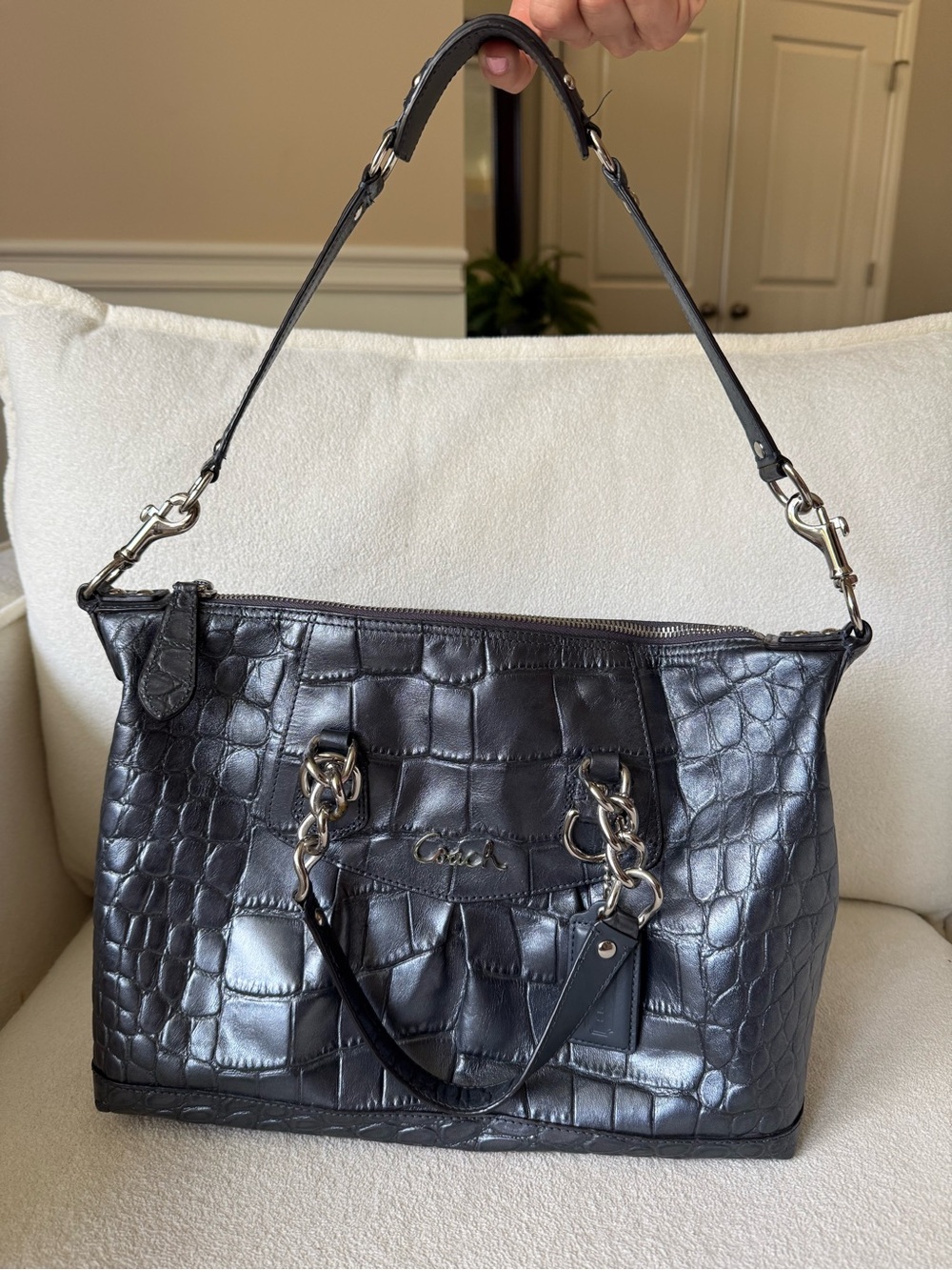 Coach Ashley Croc-Embossed Leather Shoulder Bag with Chain Straps - Picture 2 of 8